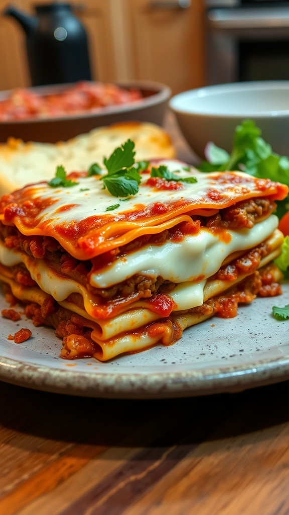 A delicious slice of no-boil lasagna with meat sauce, ricotta, and mozzarella on a plate with garlic bread.